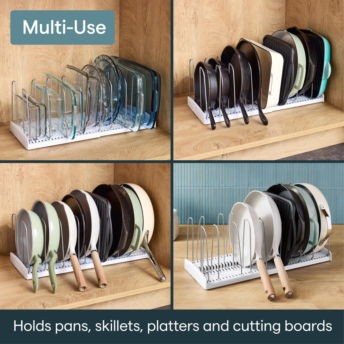 YouCopia StoreMore Expandable Cookware Rack with Tall Steel Wires, 12.5"-21.5" Wide Adjustable Pan Organizer for Kitchen Cabinet Storage, Premium Edition