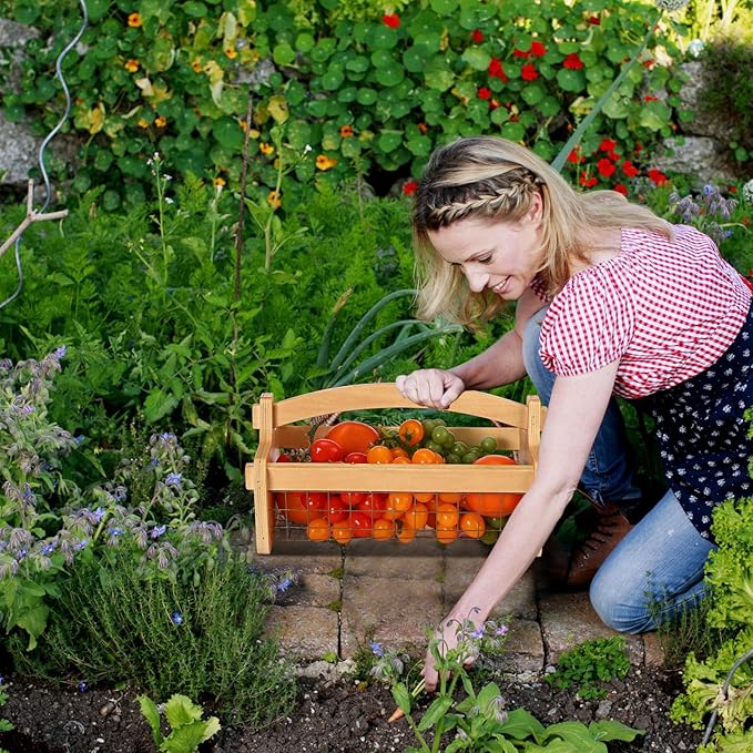 Large Garden Hod Harvest Basket 13 x 9 x 7 Inch, Wooden Harvesting Basket with Handle for Gardening Gathering Gardener Gifts for Wedding Flower Centerpiece Washing Holding Fruits Vegetables