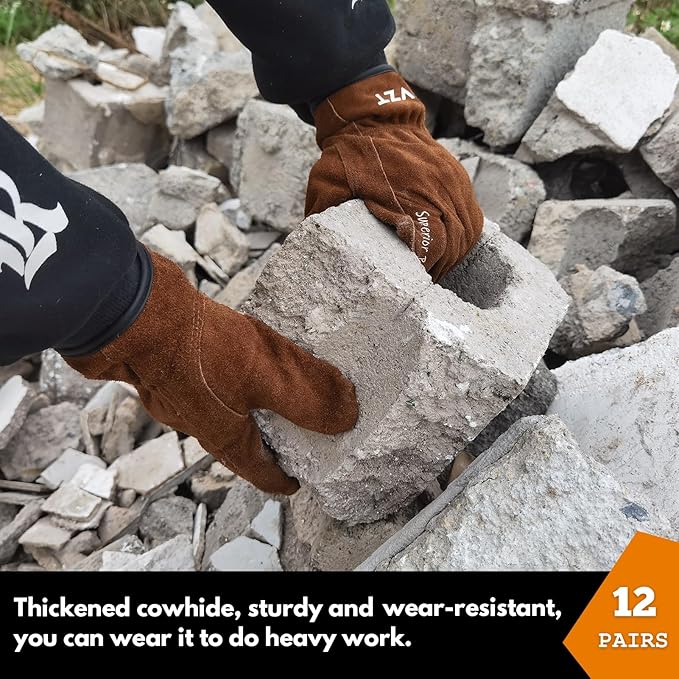 12 Pairs Bulk Leather Work Gloves for Men or Women for Gardening, Construction, Truck, Driving, Farm, Ranch, Woodworker, Soft, Cowhide Thickened, Water Resistant, Brown, Medium