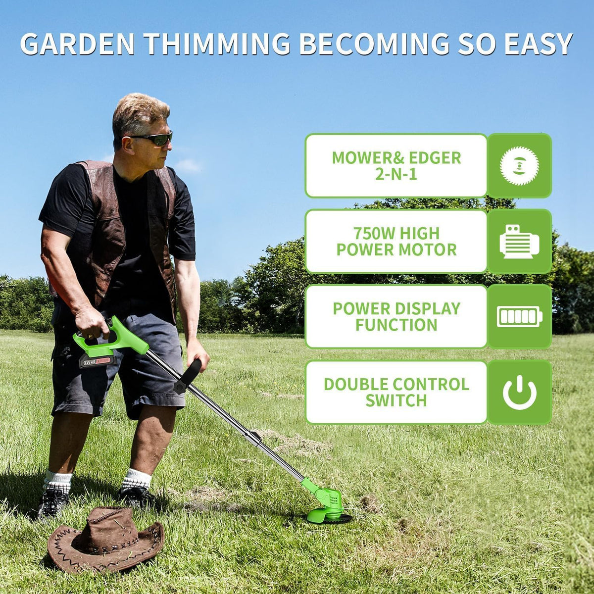Electric Weed Wacker,Weed Eater on Battery Operated,Comes with Two 24V Batteries and Three Different Types of Blades,3 in 1 Trimmer Lawn/Cordless Trimmer for Lawn Yard Garden (Green)