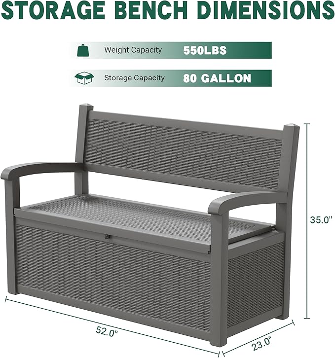 80 Gallon Outdoor Storage Box, Resin Patio Furniture with Armrest, Lockable Deck Box with Waterproof and UV Resistant for Patio Cushions, Garden Tools and Pool Supplies, Grey