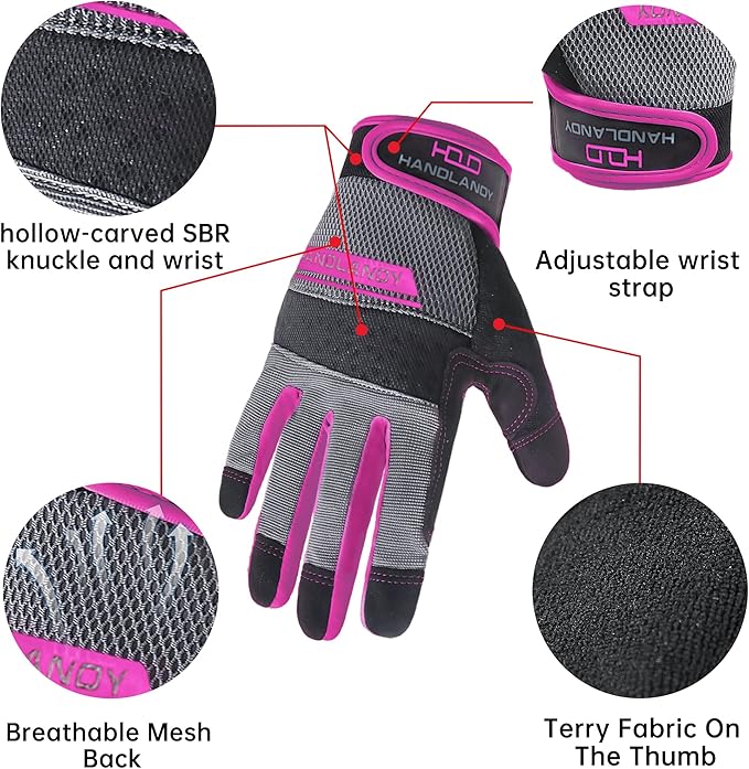 HANDLANDY Women Safety Work Gloves Utility Touch Screen Working Grip Glove for Yardwork Gardening Breathable Mechanic Gloves