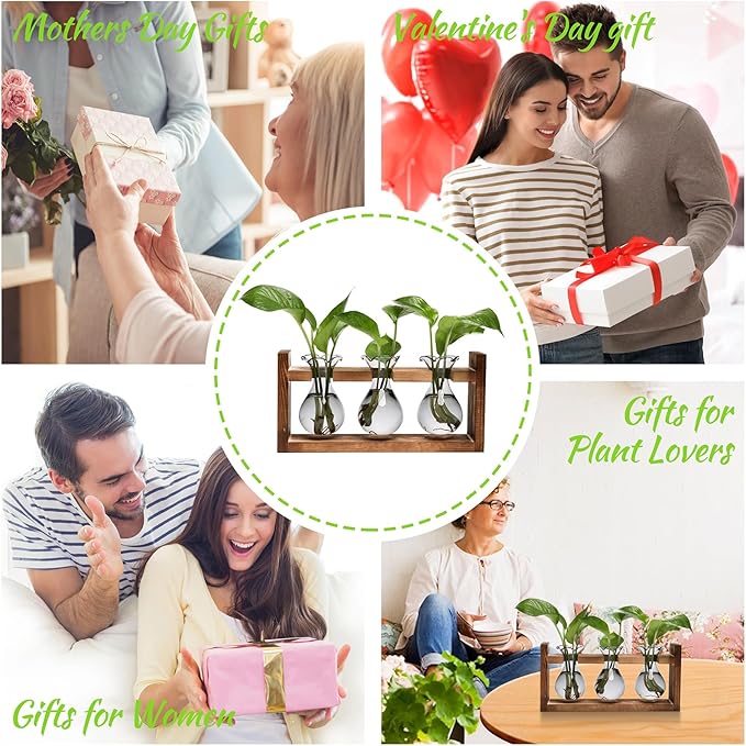 Plant Propagation Station Plant Terrarium Unique Birthday Gifts for Women Plant Lovers Home Office Decor Planter with Wooden Stand - 3 Bulb Glass Vase