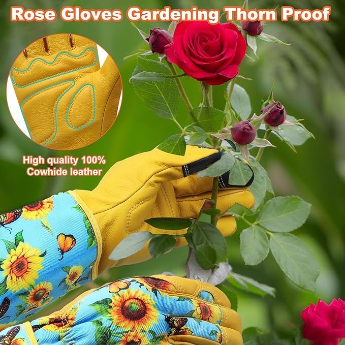 DLY Gardening Gloves for Women, Rose Gloves Gardening Thorn Proof, Long Garden Gloves for Women, Breathable Cowhide Leather Gauntlet (Large, Blue)