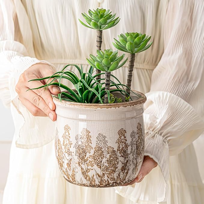 Set of 2 Ceramic Planters for Indoor Plants, 4.7+5.7 Inch Vintage Flower Pots without Drainage Hole, Rustic Brown Planter Set, Decorative Plant Pots for Indoor Plants, Home Decor, Living Room, Office