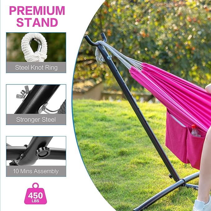 PNAEUT Double Hammocks with Stand for Outside, Portable Space Saving Heavy-Duty Steel Stand for Indoor Outdoor Patio with Carrying Bag, 450 lbs Capacity (Rose Pink)
