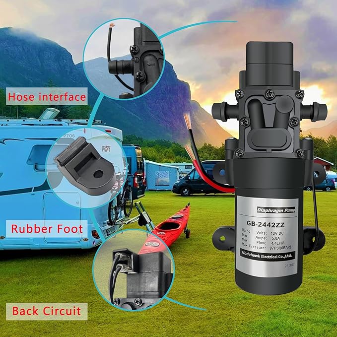 DC 12V Diaphragm Pump, Self-Priming Sprayer Pump, 1.2 GPM 87 PSI Pressure Switch Adjustable water pump, With 2 hose clamps, for RV Camping Shower Garden Irrigation