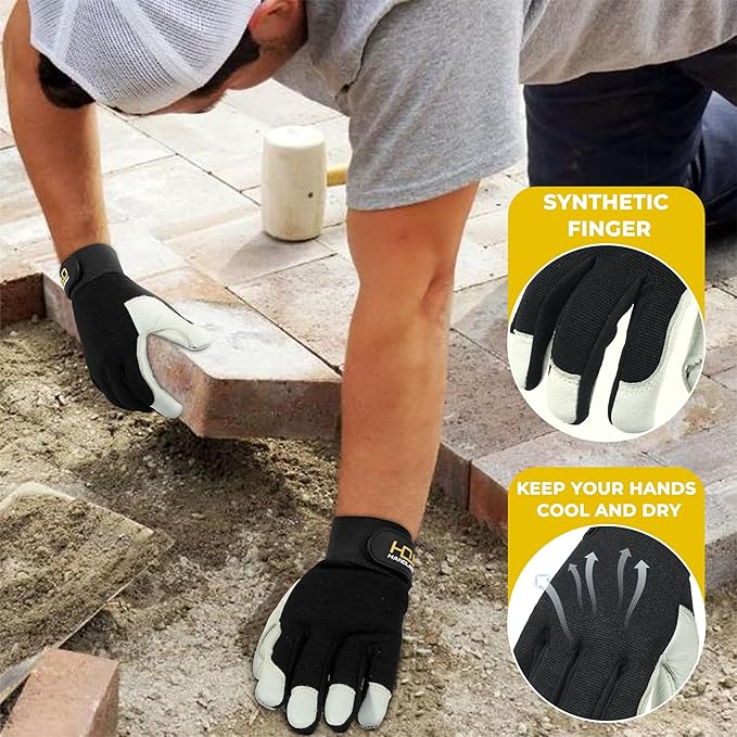 HLDD HANDLANDY Leather Work Gloves for Men & Women, Adjustable Wrist Cowhide Gardening Glove with Reinforced Palm for Driver