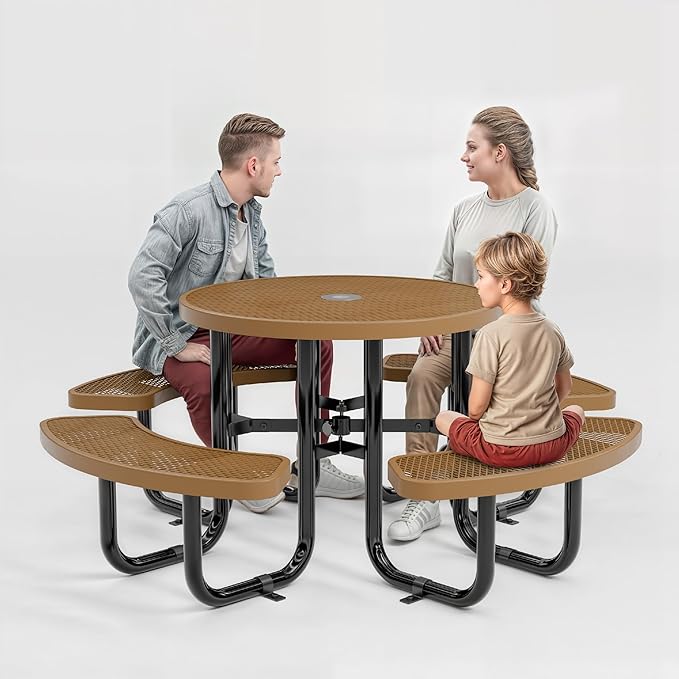 Metal Picnic Tables for Outdoors with Umbrella Hole - Coated Steel Heavy Duty Commercial Grade Table with Adjustable Seats (Brown, 38 in, Round, Expanded Steel)