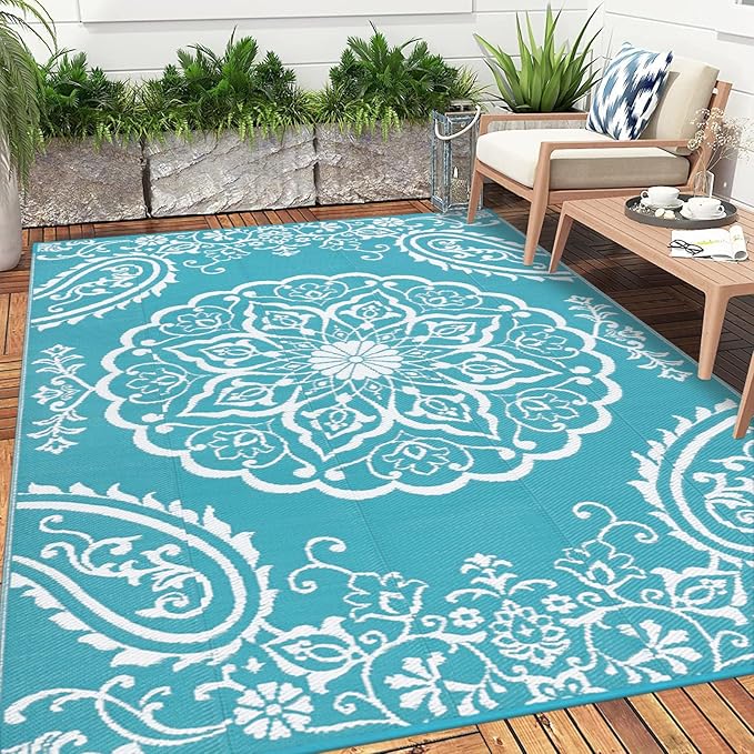 Pauwer Waterproof Outdoor Rug 5x8, Reversible Plastic Straw Patio Camping Rug, Indoor Outdoor RV Mat Carpet for Deck, Camper, Porch, Balcony, Backyard, Picnic, Boho Teal