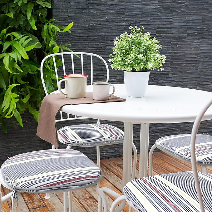 Indoor/Outdoor Chair Cushions 16x17 Inch, Patio Chair Cushions with Ties, All Weather Seat Cushions for Patio Furniture Home Garden Chair Use, Set of 2, Stripe Denim Blue