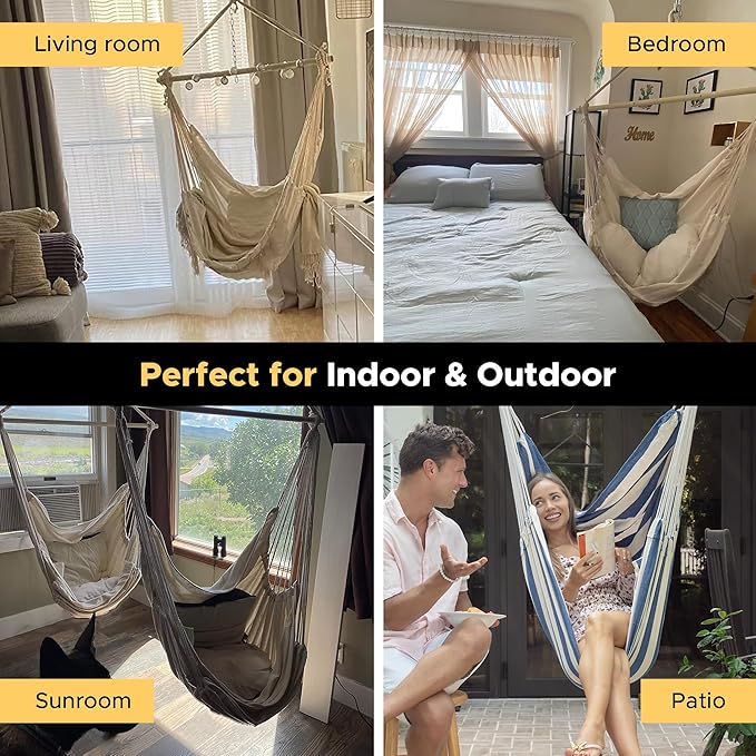 ADVOKAIR Hammock Chair Hanging Chair Rope Swing XXL - Max 500lbs, 70in Large Hammock Swing Chair -Portable Steel Spreader Bar with Anti-Slip Rings-Roomy & Strong
