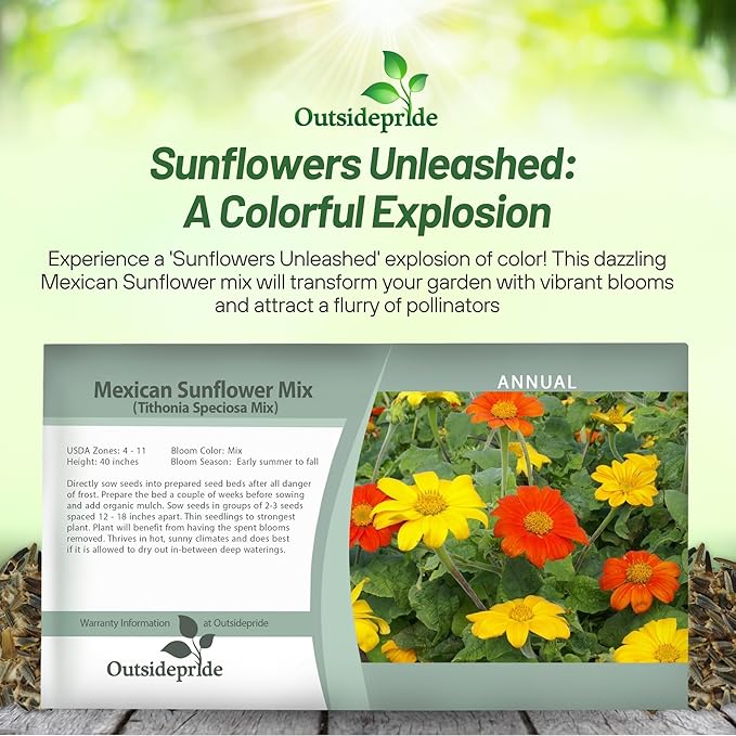 Outsidepride Mexican Sunflower Seeds Mix - 500 Pcs Annual, Easy-to-Grow, Mixed Tithonia Speciosa Flower Seeds w/Drought-Tolerant Blooms for Pollinator Gardens & Vibrant Summer Landscaping