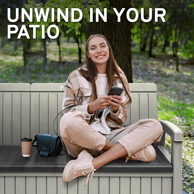 EconoHome 3 Seat Outdoor Storage Bench with Rain Cover - 90 Gallon Capacity - Weatherproof Resin Bench for Patio, Porch, Garden, Yard, Pool Area - Furniture for Pool Accessories, Gardening Tools