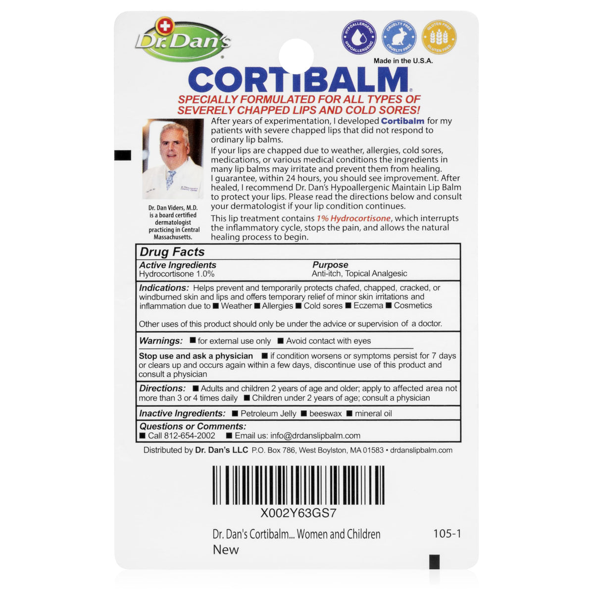 Dr. Dan's Cortibalm 1-Pack Lip Balm with 1% Hydrocortisone for Cracked Lips
