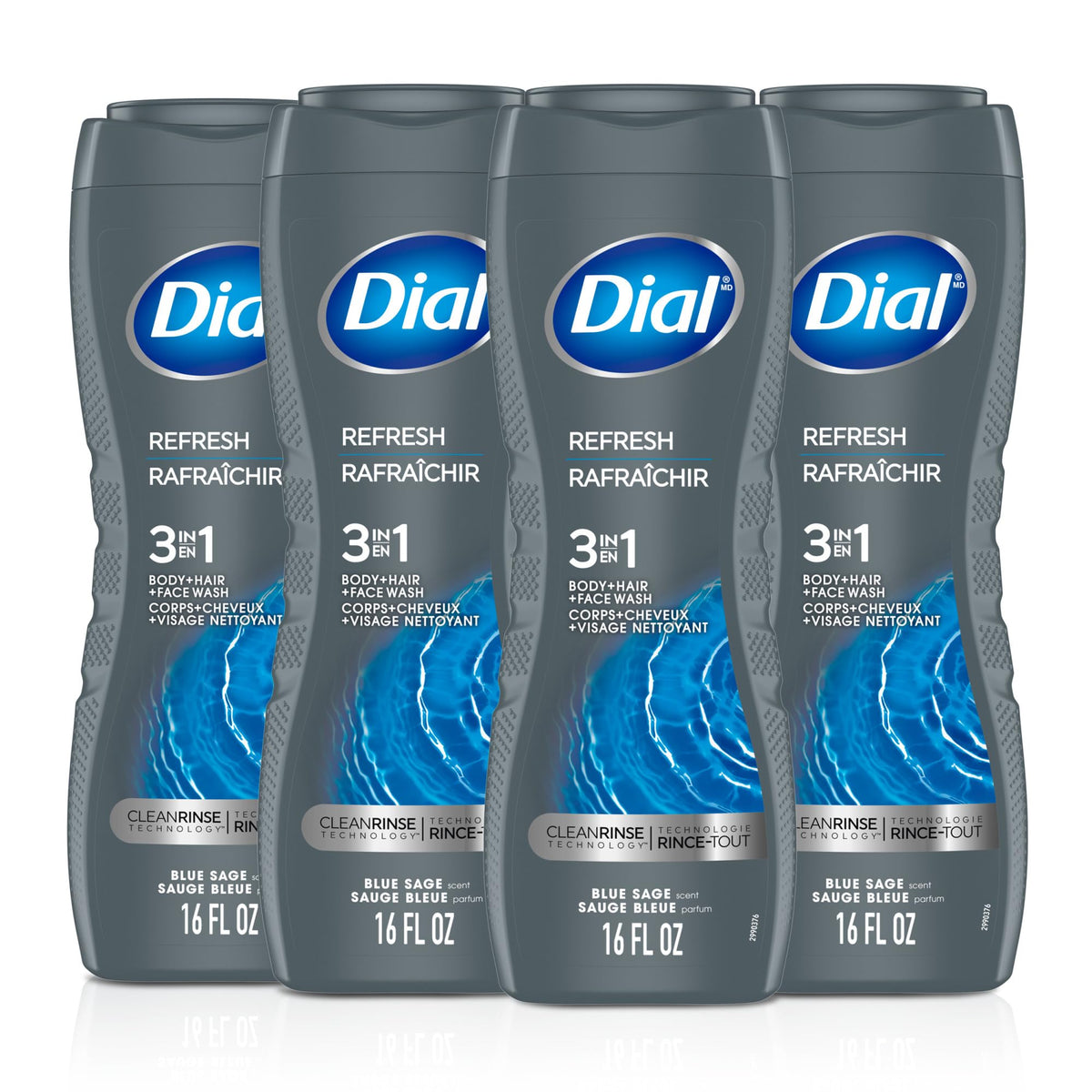 Dial Men 3 in 1 Body, Hair and Face Wash, Refresh, 16 fl oz, 4 count