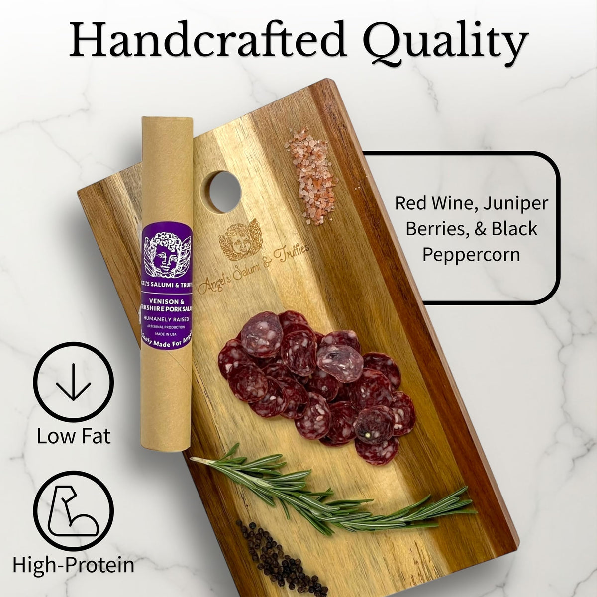 Angel's Salumi Venison & Berkshire Pork Salami - 5.5 oz Gourmet Artisanal Charcuterie - Humanely Raised, Vegetarian Fed, No Antibiotics, Hormones