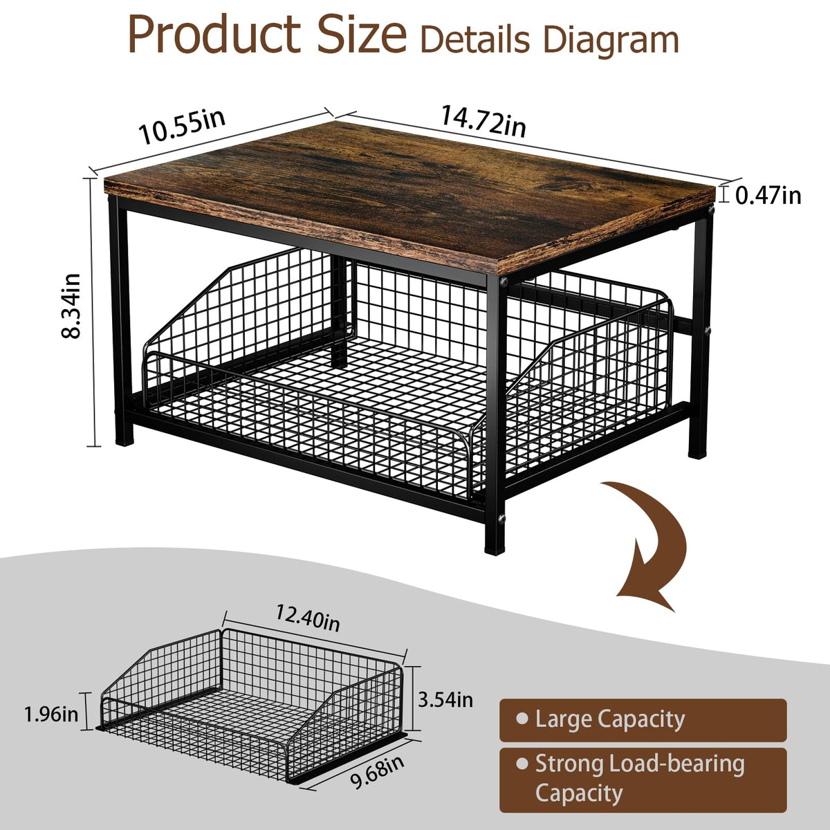 KLM Pull Out Spice Rack Organizer for Cabinet,Rustic Wood Top with Wire Basket Storage,Kitchen Countertop Organizer and Storage for Pantry, Counter top,Coffee Station Wood. (Brown)