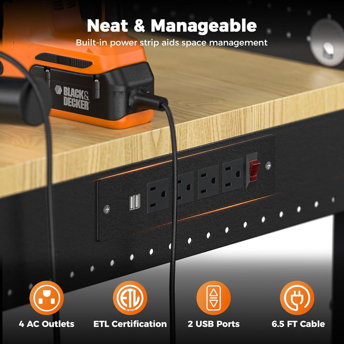 48" Heavy Duty Work Bench Adjustable Height Max Load 2000 LBS with Storage Shelf for Garage Workbench, Rubberwood Tabletop with Pegboard, LED Light, Built-in Power Strip for Woodworking Shop