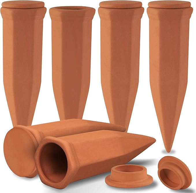 Large Terracotta Watering Spikes with Lids, Automatic Plant Waterer Outdoor | Indoor, Vacation Friendly Clay Plant Watering Devices System, Slow Release Self Watering Planter Insert, 6 Pack