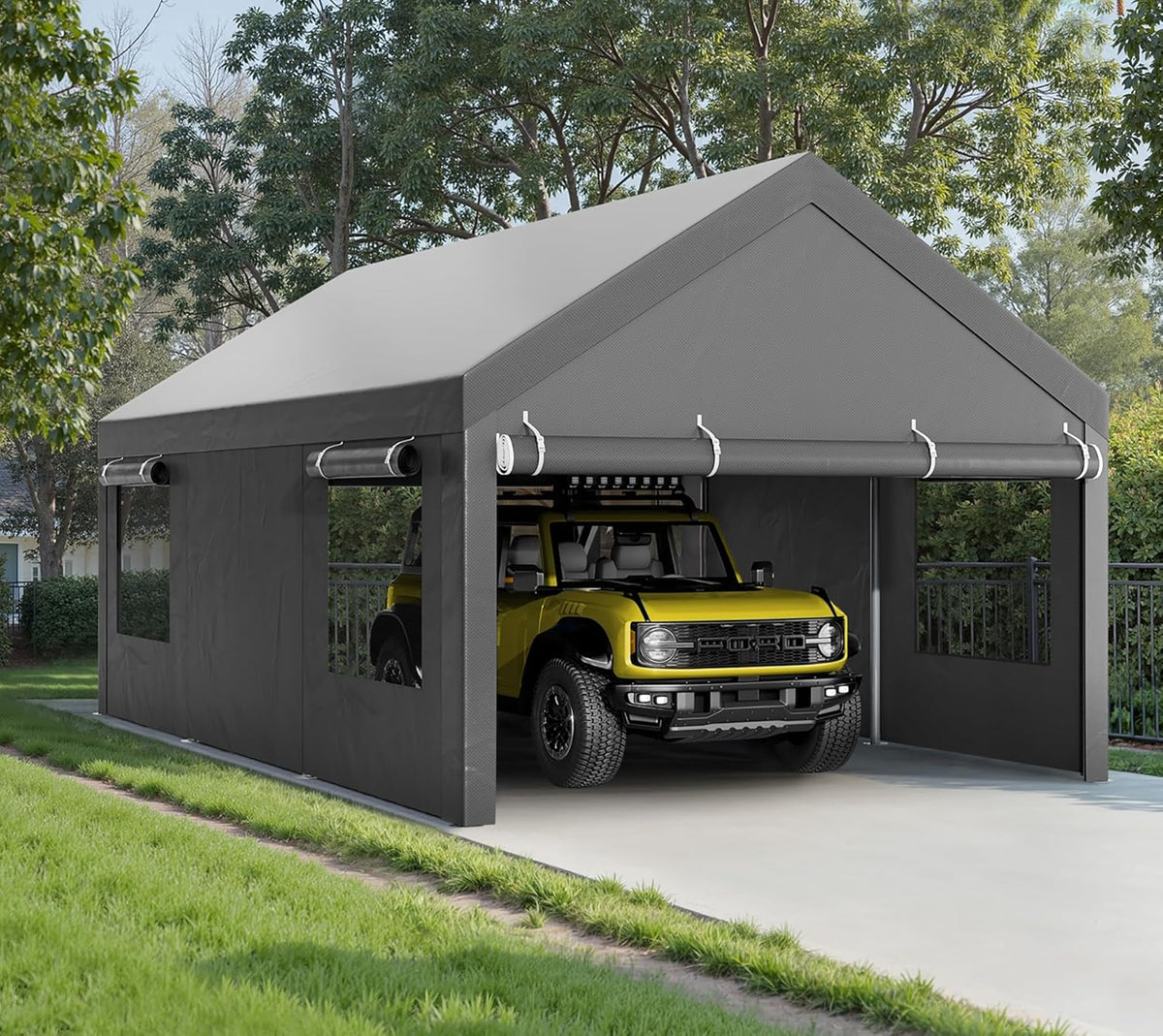 Walsunny Carport, 12x20 ft Heavy Duty Carport Canopy with Roll-up Windows, Portable Garage with Removable Sidewalls & Doors, Car Canopy with All-Season Tarp for Car, Truck, Boat