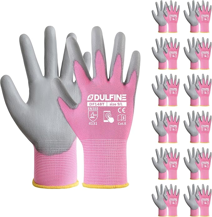 DULFINE Work Gloves for Men PU Coated 12 Pairs Bulk Pack,Pink Seamless Knit Glove with thin Polyurethane,Two Finger Touchscreen, for Men and Women, Ideal for Light Duty Work. (Small)