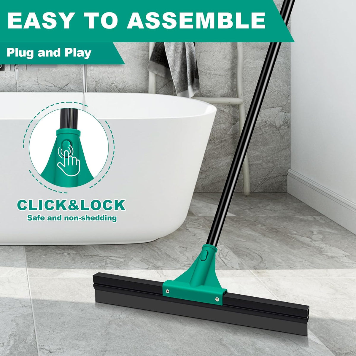 JEHONN Floor Squeegee Heavy Duty with 58.3 inches Long Handle, Rubber Scraper Broom for Cleaning Foam Water on Garage Concrete Bathroom Tile Marble Shower Glass Shop Deck Window Indoor Outdoor Green