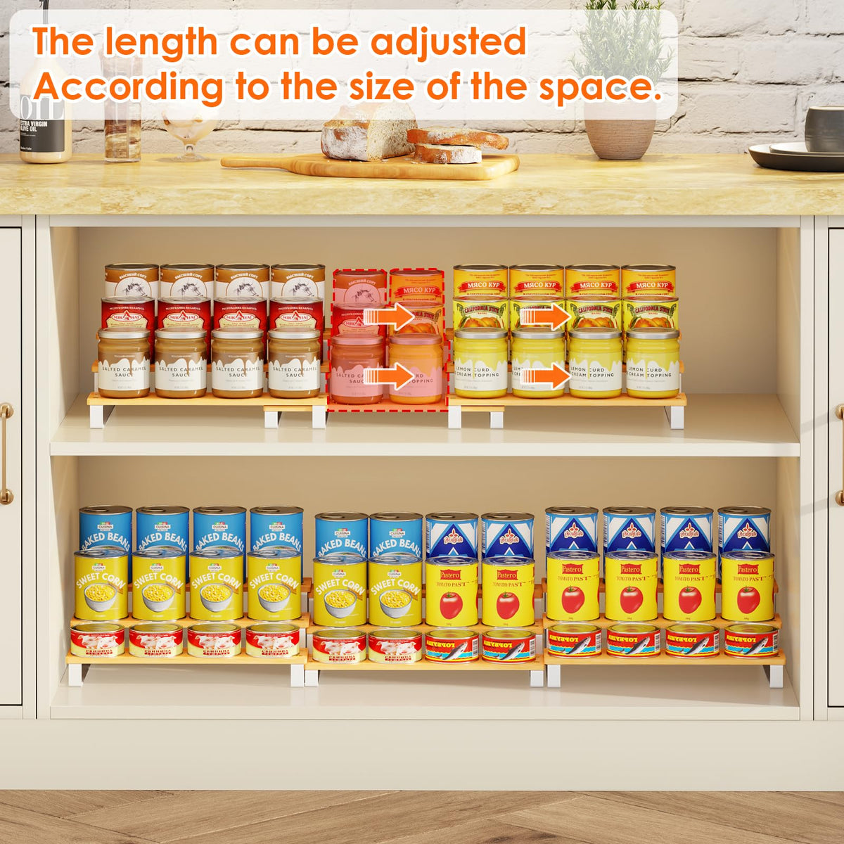 NuoyuanShen 3-Tier Expandable Iron&Bamboo Can Organizer for Pantry Holds Up to 45 Cans,Extra-long Separable Can Organizers and Storage,Can Storage Rack for Pantry Kitchen Cabinet Countertop