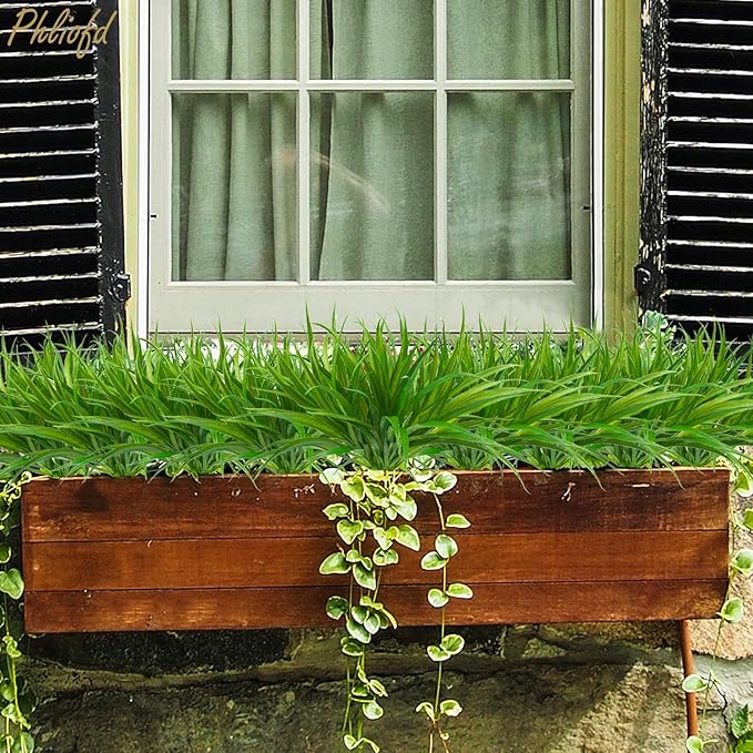 16Pcs Artificial Grass Fake Plants 17.3in 16 Leaves Outdoor Fake Grass UV Resistant Greenery Plastic Plants for Home Window Garden Patio Hanging Planter Pathway Front Porch Décor Green
