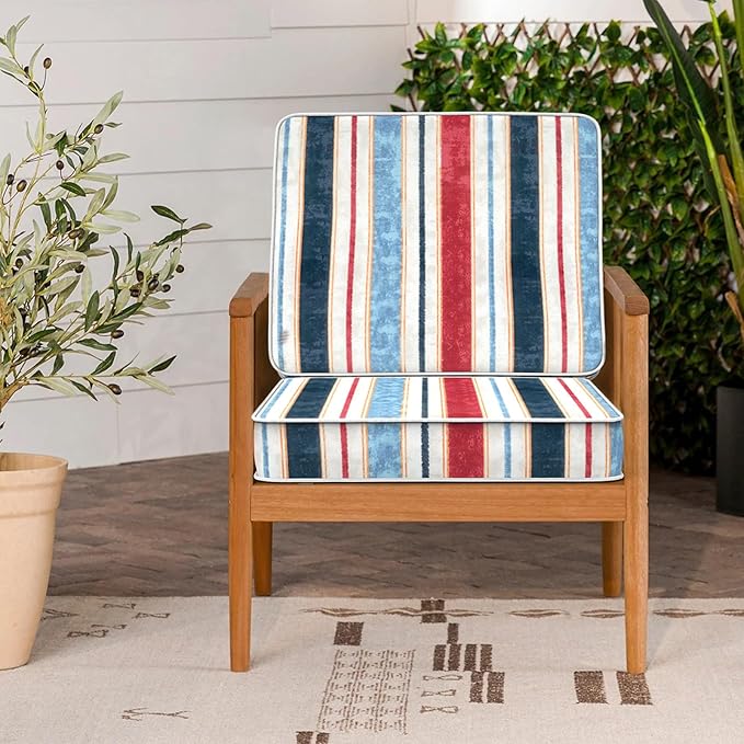 LVTXIII Patio Chair Cushions 22"x22"x3", Water-Repellent Outdoor Seat Cushions for Patio Furniture, Square Chair Pads with Ties for Home Garden Decoration, Set of 2, Stripe Red Blue