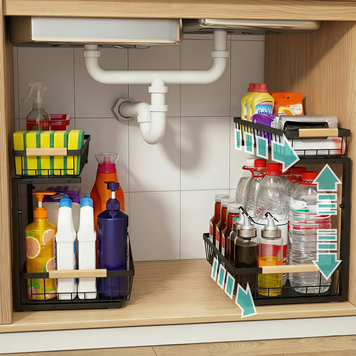 whalenoble Under Sink Organizer, 2 Tier Pull Out Cabinet Organizers and Storage for Kitchen Bathroom Pantry Laundry, Adjustable Height, Slide Out Thickened Metal Storage Shelf (Black, 1 Pack)