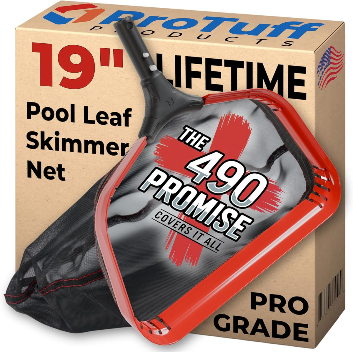 ProTuff 19" Fine Pool Net for PROS – “490 Promise” Unlimited Unconditional Replacement – Cleans 3X Faster Than Vacuum – Wide Pool Skimmer Net with Deep Bag for Easy Maintenance of Leaves, Bugs, Debris