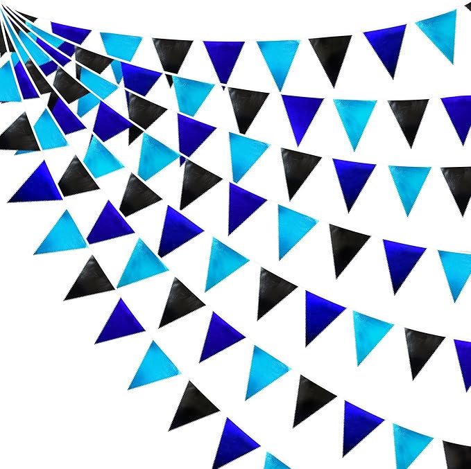 Black Blue Party Decorations Metallic Fabric Triangle Pennant Banner Flag Bunting Garland for Video Game Nautical Birthday Graduations Retirement Wedding Bachelorette Outdoor Holiday Party Supplies
