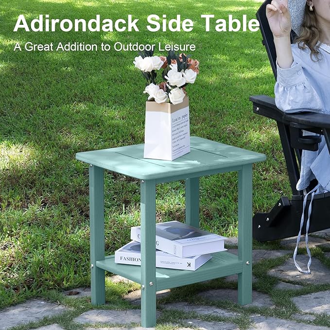 Outdoor Side Table - 2-Tier Storage All Weather Outdoor End Table for Patio - HDPE Morden Easy Maintenance Adirondack Side Table for Pool Porch Balcony Garden Lawn Backyard Outside Indoor