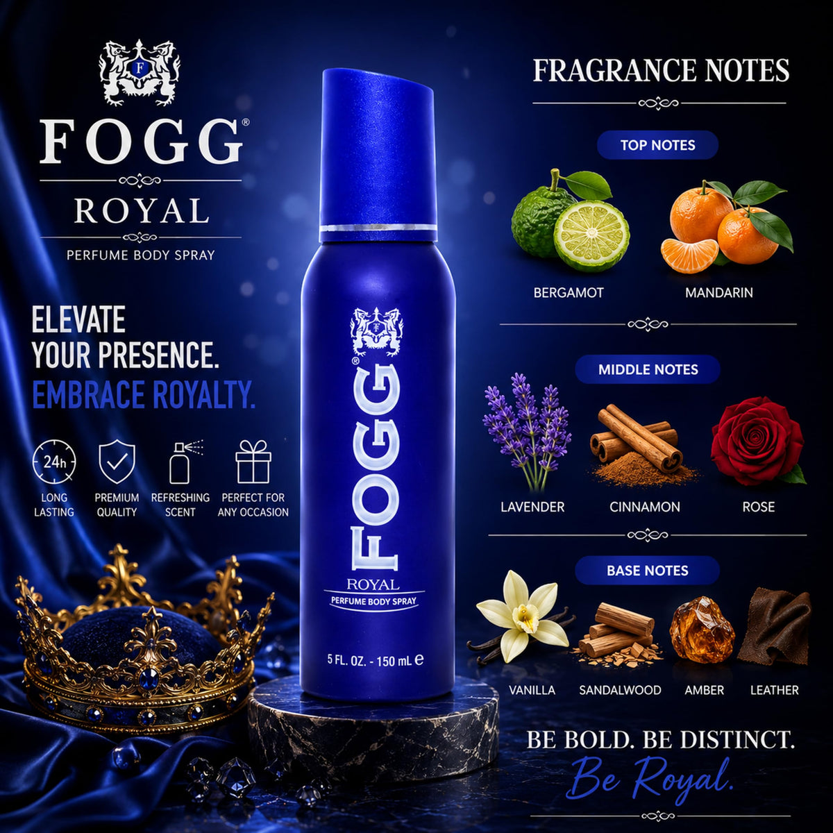 Royal by Fogg - Mens Body Spray - Fresh Floral Woody Perfume-Based Body Mist - Opens with Citrus Floral Notes of Bergamot, Mandarin, Lavender - 5 oz
