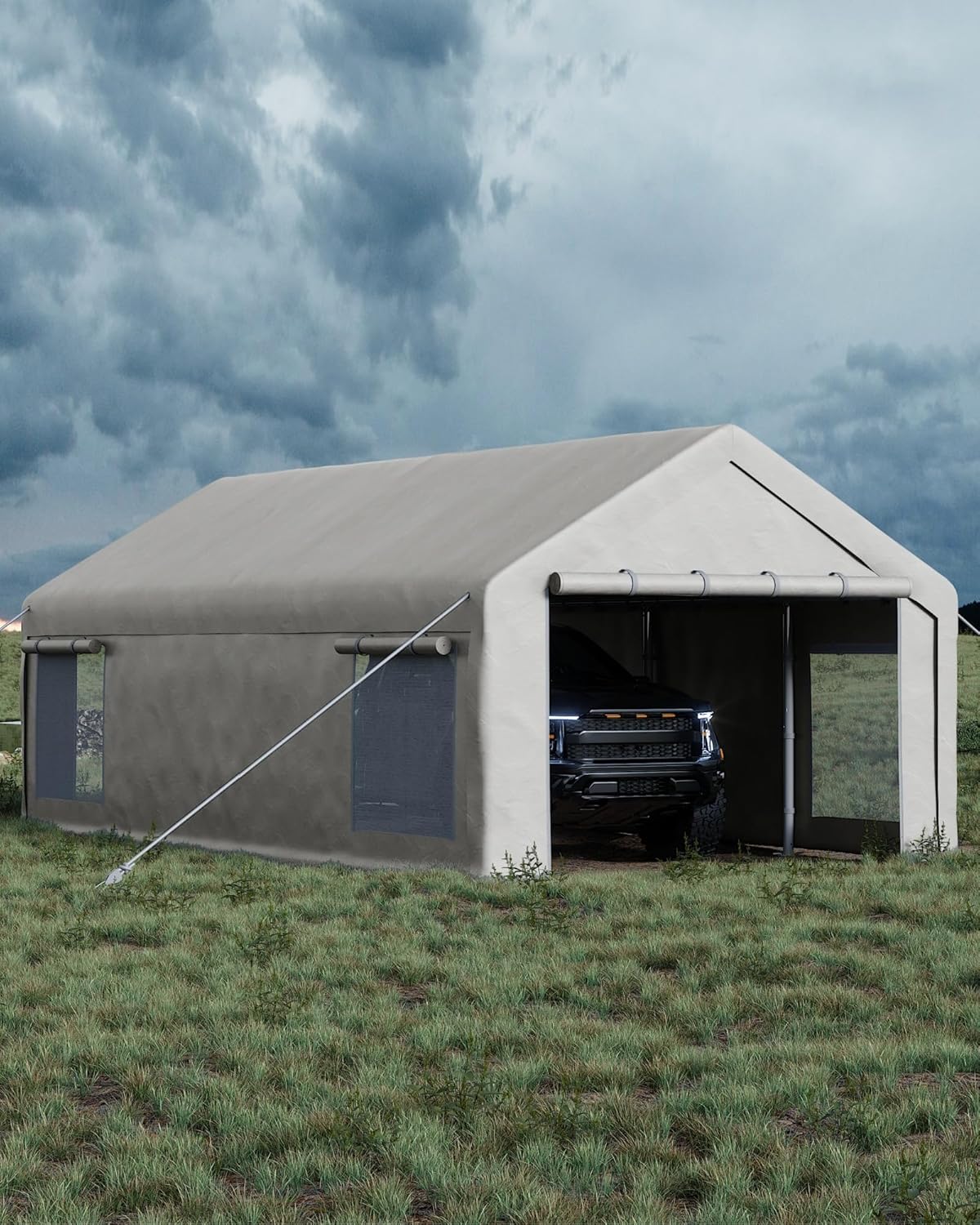 13x25 Ft Carport with 10 Sandbags, Car Port with 220g PE Tarp, 2 Roll-Up Doors, and 4 Windows, for Full-Size Pickups, Bass Boats, Tractors, and SUVs, White