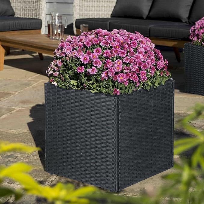 SUNNYPARK Set of 2 Large Square Planter with Removable Liner, All-Weather PE Rattan Modern Planters Indoor Outdoor Flower Plant Pots Garden Box Patio Yard Front Porch Deck
