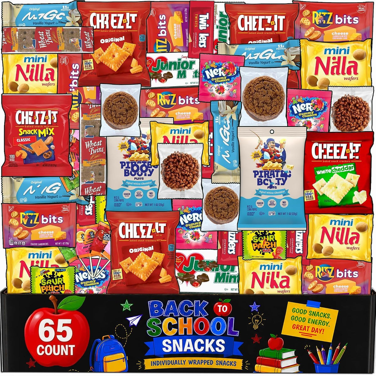 Snack Box Variety Pack, 65 Count, Back to School Care Package for Adults and Kids, Assortment of Snacks and Candy, Bulk Individually Wrapped Assorted