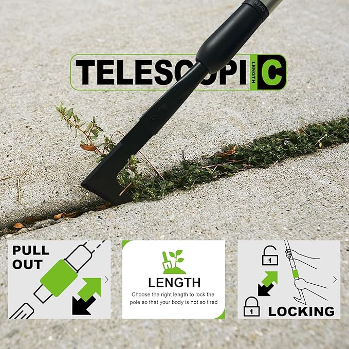 Adjustable Crack Weeder with 42.1IN Long Handle, L-Shaped Blade Serrated Edges for Digging Roots,Cutting Weeds,Removing Moss Between Driveway and Sidewalk Cracks