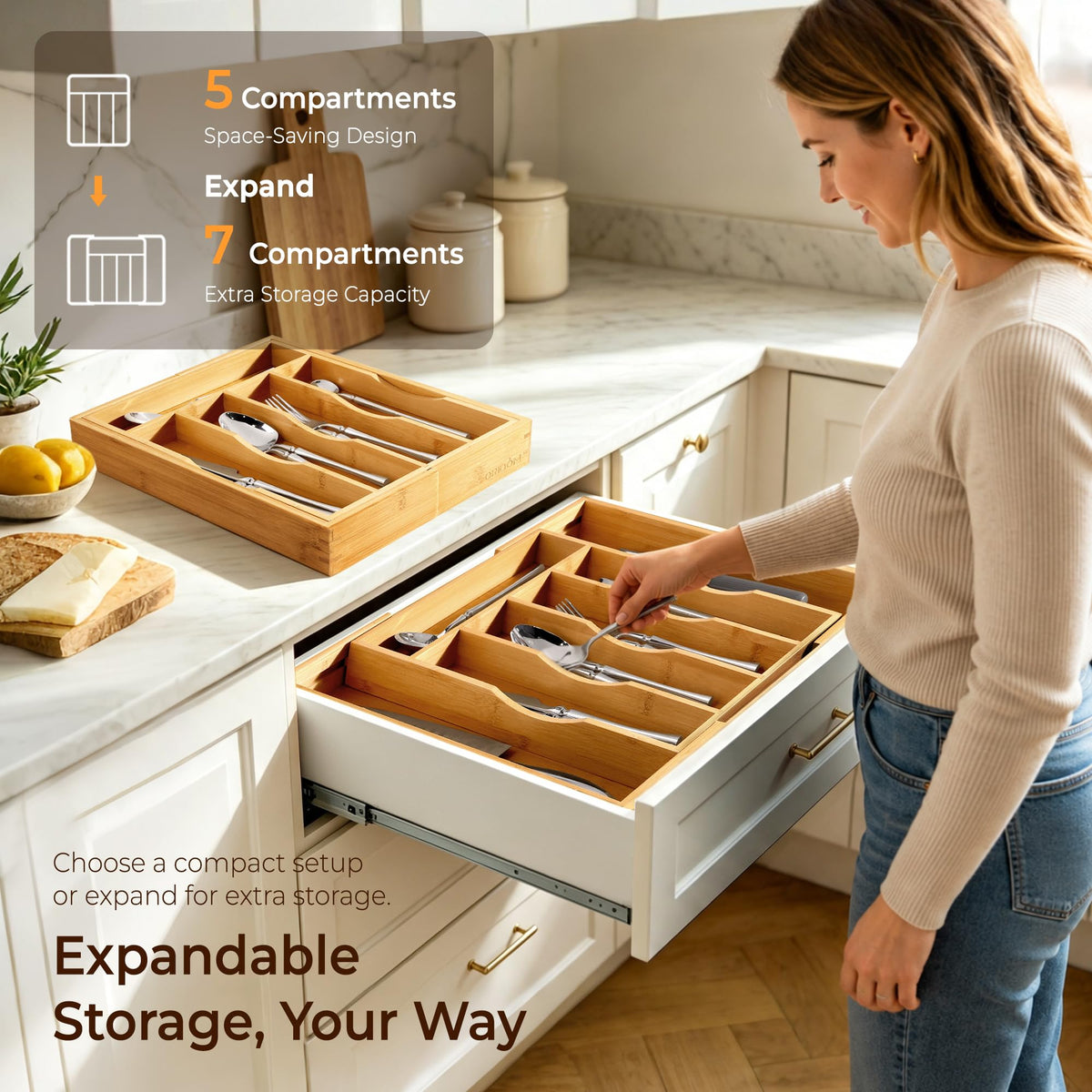 oridom Expandable Bamboo Kitchen Drawer Organizer for Cutlery and Utensils, Adjustable Bamboo Wood Cutlery Tray in Drawer for Flatware and Silverware in Kitchen, (Natural)