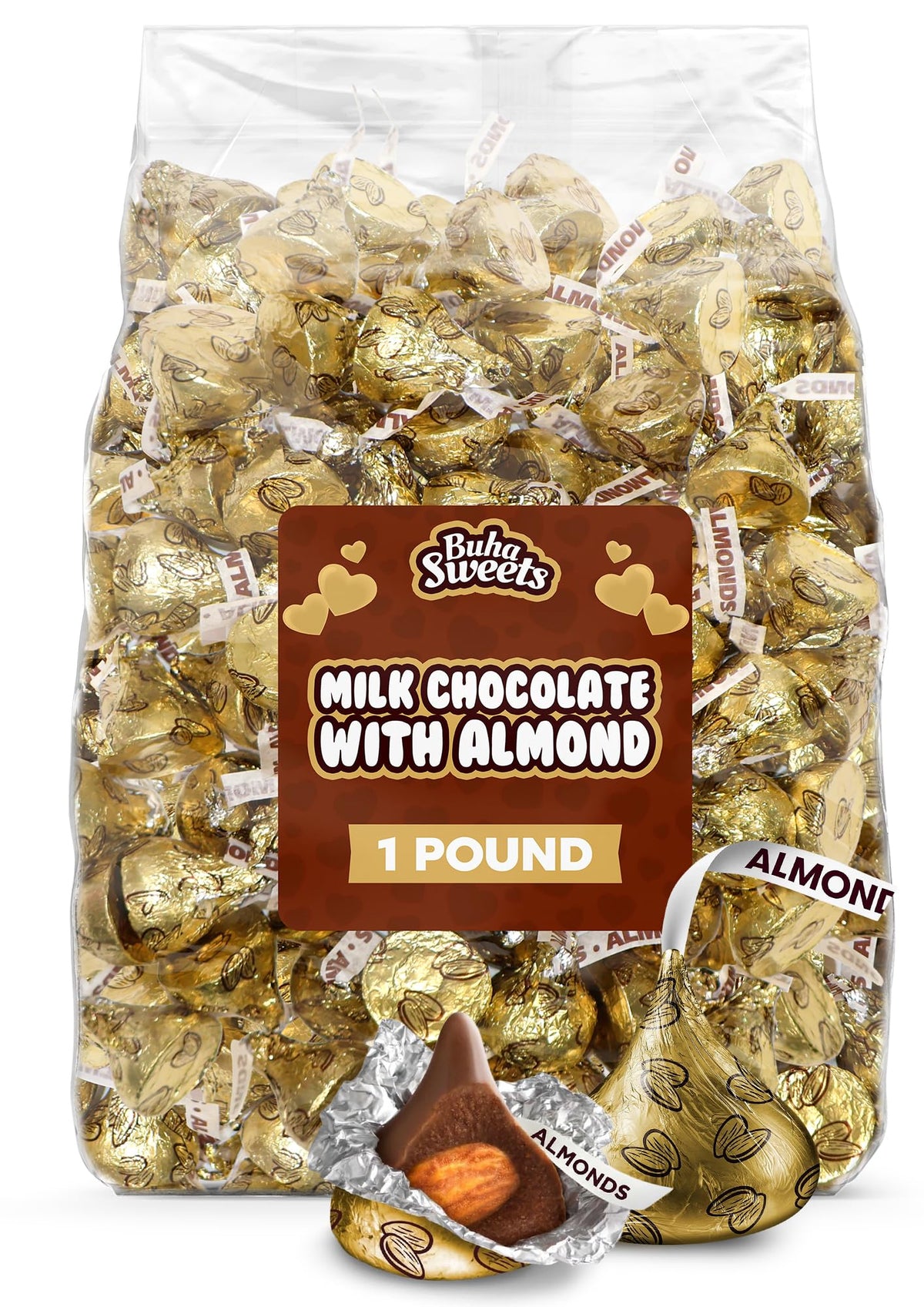 Gold Foil Almond Milk Chocolate Kisses- Individually Wrapped Almond-Filled Chocolates for Candy Bowls, Gift Bags & Party Treats - 1lb