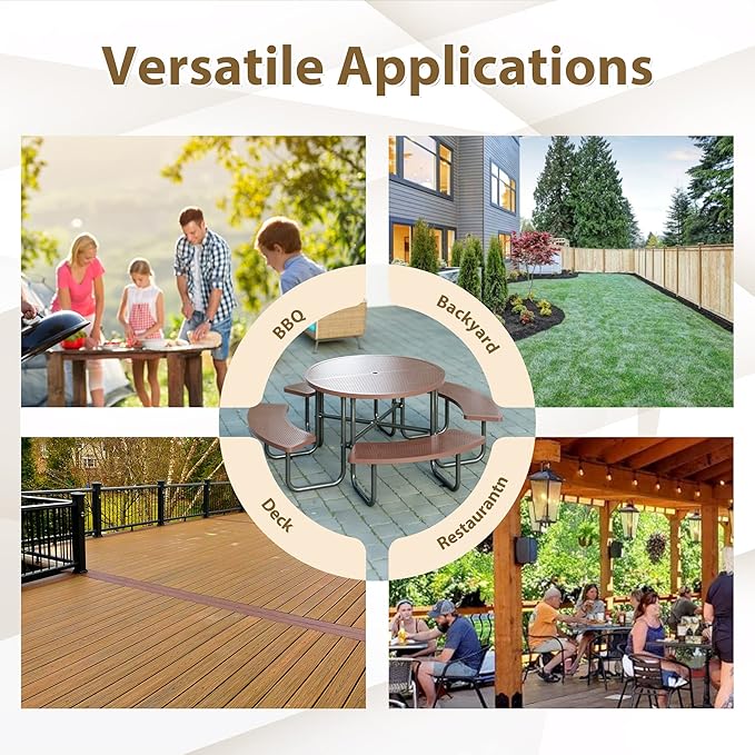 46'' Steel Round Picnic Table for Outdoors, Expanded, Lifetime Picnic Table with Umbrella Hole, Heavy Duty Sturdy Commercial Picnic Tables for Garden Courtyard BBQ, Coffee