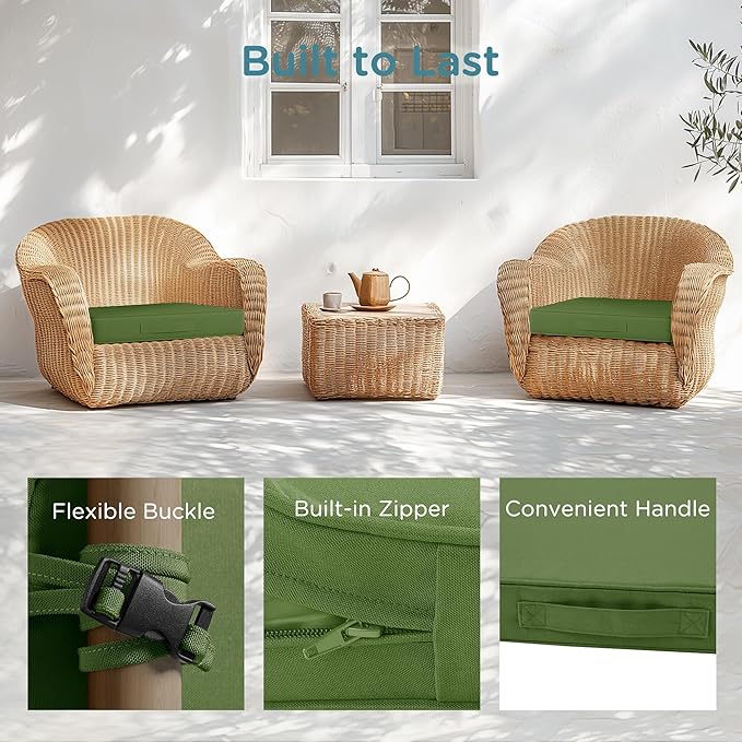 Codi Outdoor Cushions for Patio Furniture 24x24 Inch, Waterproof Chair Seat Cushion with Handles & Adjustable Straps, Fade Resistant - Set of 2, Green