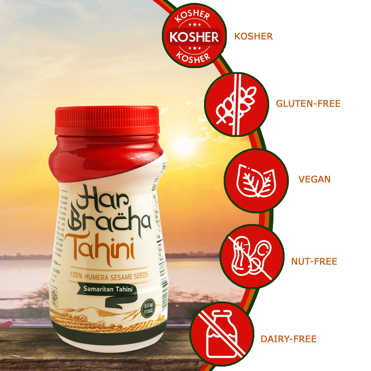 Har Bracha Tahini Paste (17.6 oz). 100% Natural, Vegan Friendly & Kosher Pure Ground Tahina Sauce. Raw Roasted Sesame Seeds for Oriental Dips, Salad