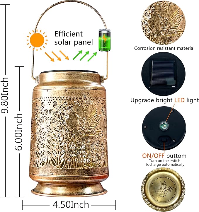 KY&BOSAM Fly Hummingbird Solar Lanterns Outdoor Waterproof Hanging Solar Lights Christmas Gifts for Women Men Metal Bird Decoration LED Solar Lantern Garden Decor for Yard,Tabletop,Pathway,Landscape