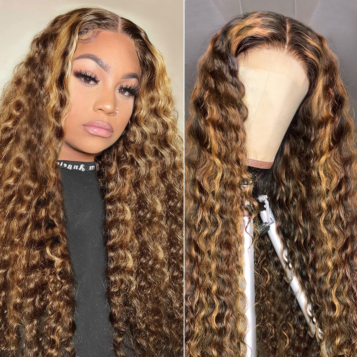 Highlight Lace Front Wigs Human Hair Deep Wave For Black Women 180% Density #4/27 Ombre Honey Blonde Colored Glueless Pre Plucke