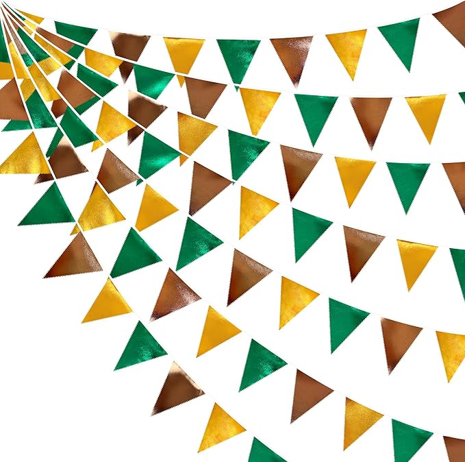 Green Gold Brown Metallic Fabric Triangle Pennant Banner Flag Bunting Garland for Football Jungle Safari Wild Woodland Birthday Baby Shower Wedding Bachelorette Graduations Party Decorations Supplies