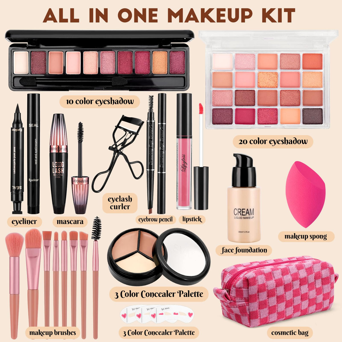 Makeup Kit for Women Include Foundation Eyeshadow Lipstick Brushes and Bag