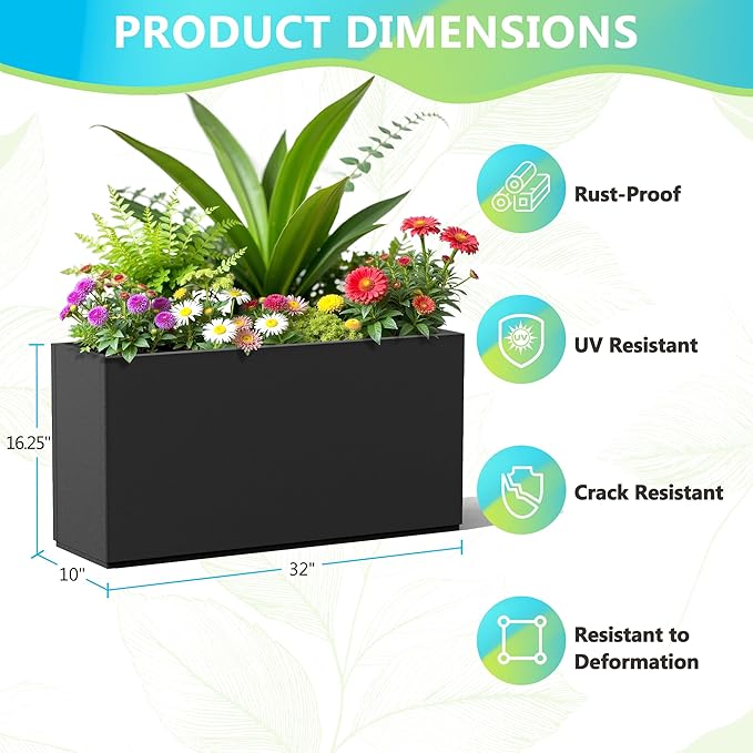 FENCY Metal Rectangular Planter Box, Large Planters for Outdoor Plants, Tall Planters for Outdoor Plants with Drainage Holes (32" L x 10" W x 16.3" H,Black)