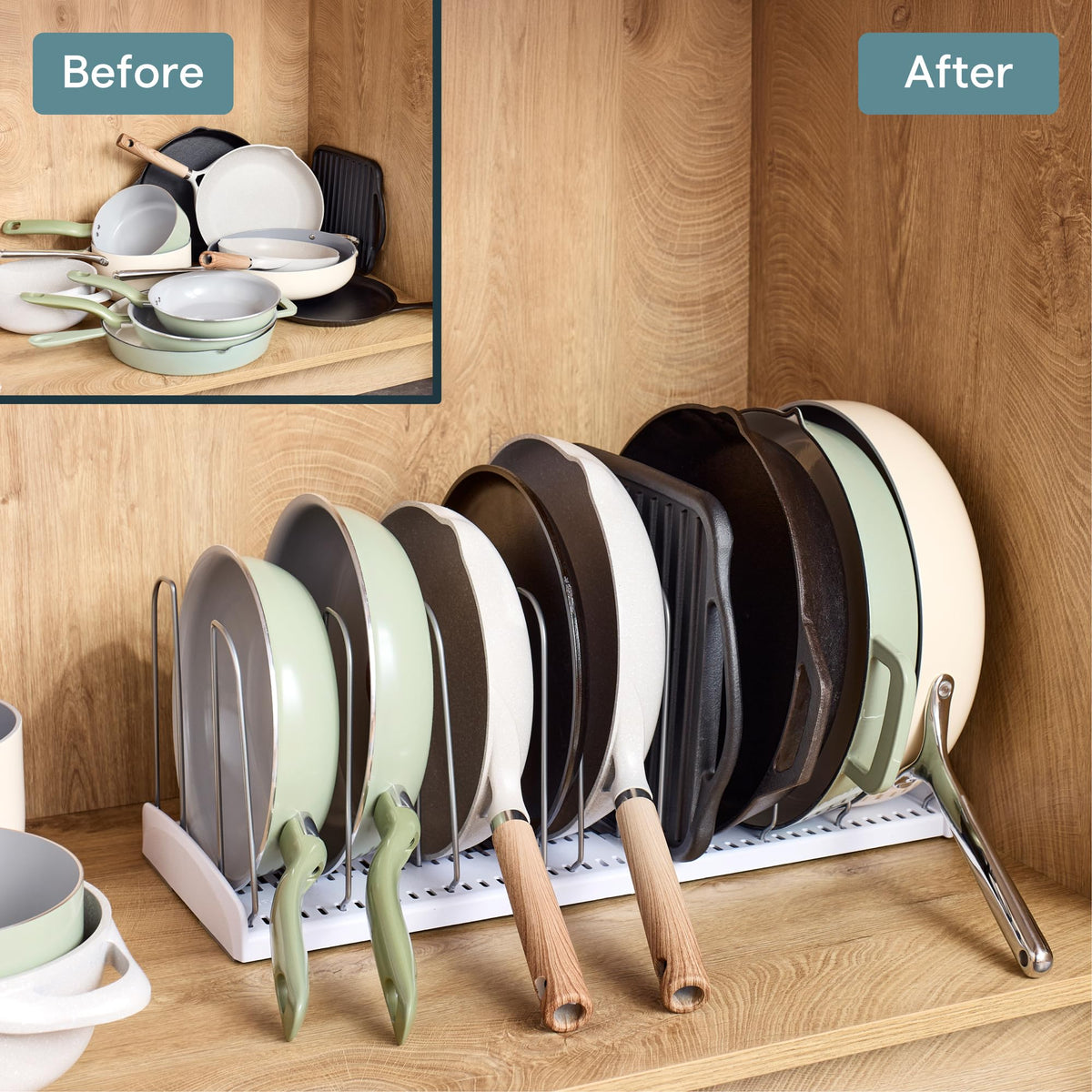YouCopia StoreMore Expandable Cookware Rack with Tall Steel Wires, 12.5"-21.5" Wide Adjustable Pan Organizer for Kitchen Cabinet Storage, Premium Edition